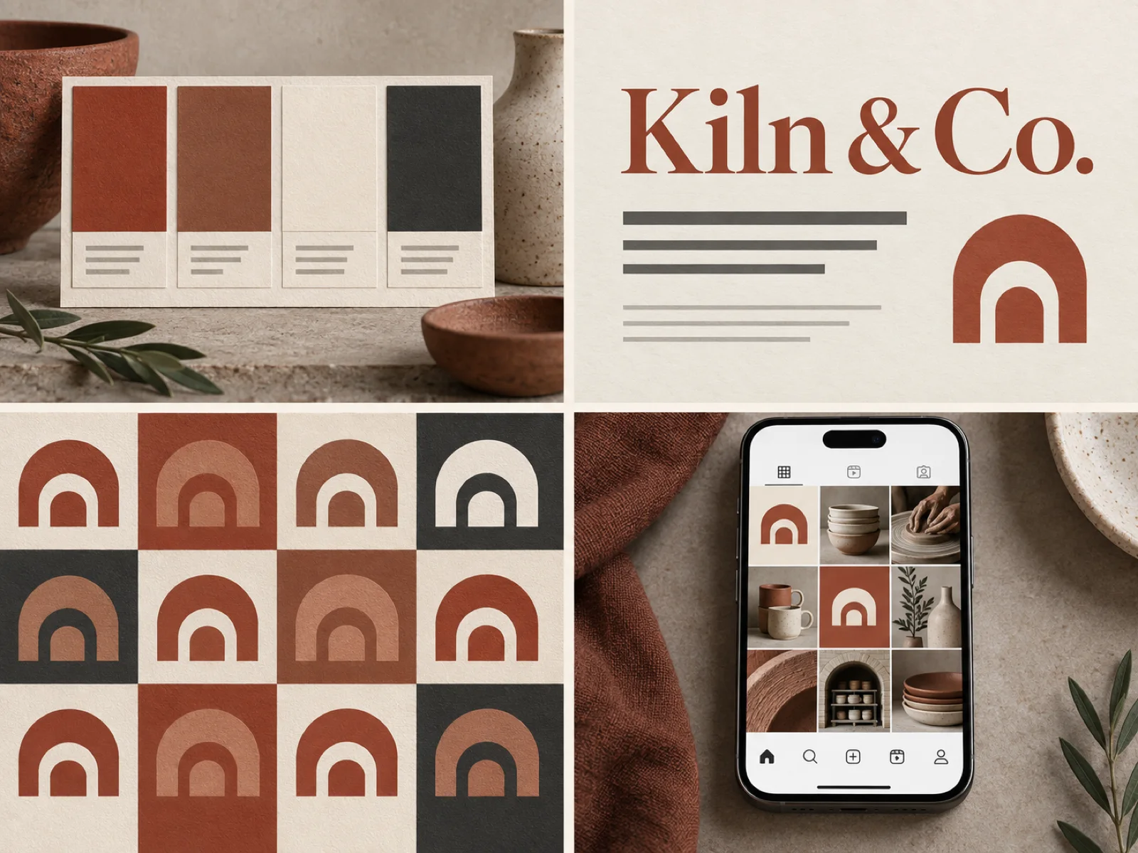 Kiln & Co. system: palette, typography, pattern and social grid